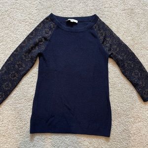 Ann Taylor Loft Navy Blue sweater with gold sleeves. Size Small